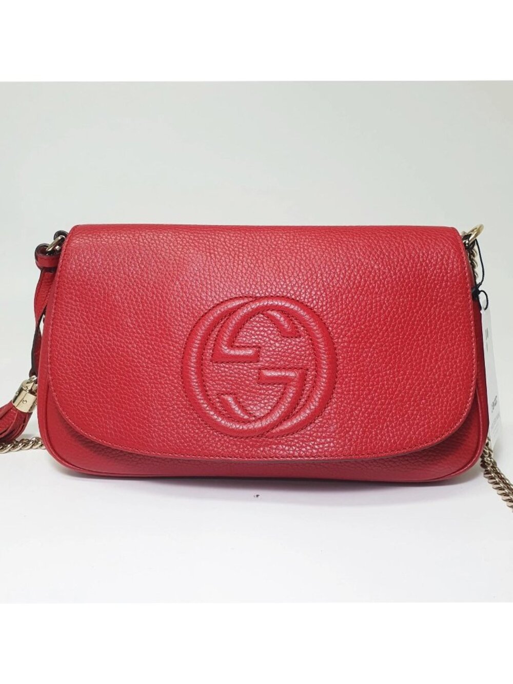 Authentic Gucci Soho Leather Chain Flap Crossbody Red | GG Logo Shoulder Bag - Picture 2 of 12